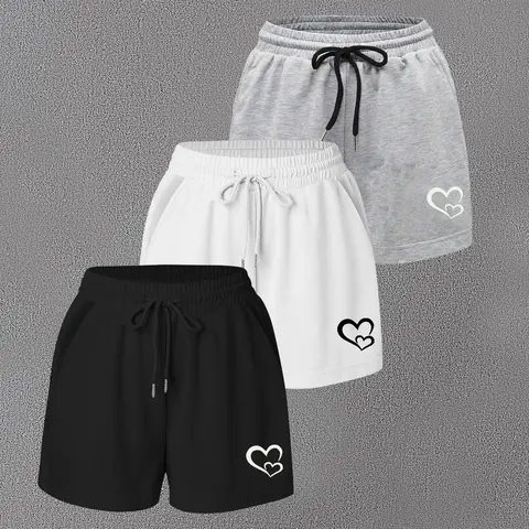 Women's Heart Print Drawstring Waist Shorts, Casual Loose Elastic Waist Shorts for Summer, Ladies Bottoms for Daily Wear, Casual Comfy Shorts, Elastic Waistband Shorts, Drawstrings Shorts, Womenswear