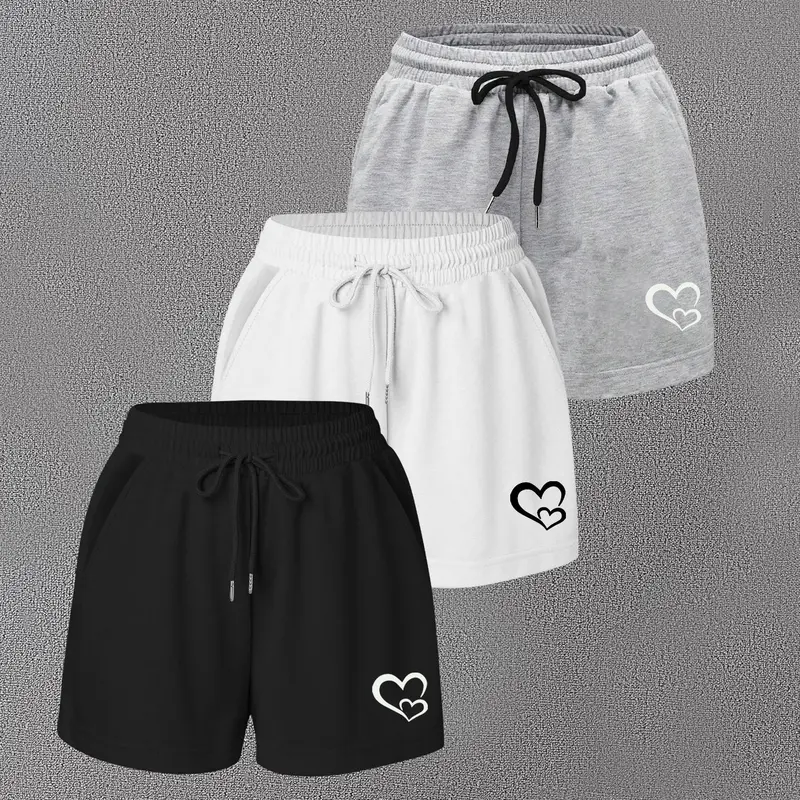 Women's Heart Print Drawstring Waist Shorts, Casual Loose Elastic Waist Shorts for Summer, Ladies Bottoms for Daily Wear, Casual Comfy Shorts, Elastic Waistband Shorts, Drawstrings Shorts, Womenswear