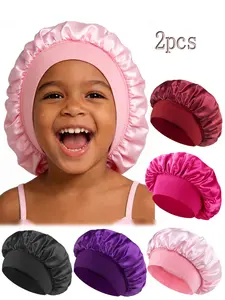 Two-Piece Set Satin Sleep Caps Sleeping Bonnet Kids Ages 3-8, Multiple Colors Available, Elastic Silk-Like Material, Soft Comfortable Baby Hair Protection Hat Sleep Bonnets