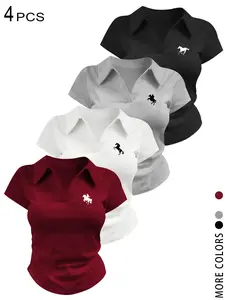 4 PCS Horse Print Polo Shirts for Women, Y2K Aesthetic Collared V Neck Slim Fit Tops, Casual Short Sleeve Equestrian Graphic Tees, Preppy Work Blouses,Perfect for Daily Wear, School, Office, Equestrian Events, Classic Western Style for Teen Girls, Gen Z