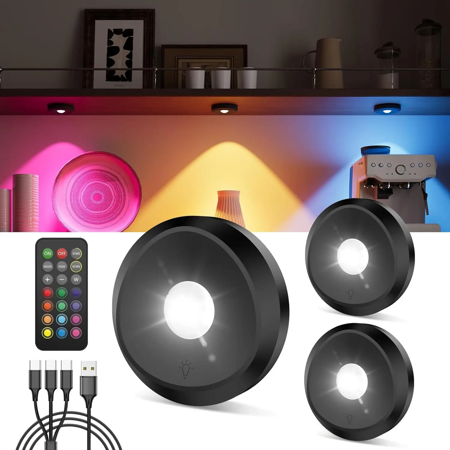 Tedmos Rechargeable Puck Lights with Remote, 2400mAh Wireless RGB Color Changing LED Under Cabinet Lighting, Cat Eye Style Atmosphere Puck Light,Battery Operated Touch Light Magnetic Push Tap Lights, Sitck On Light for Kitchen Counters, Closet, Book Shelf