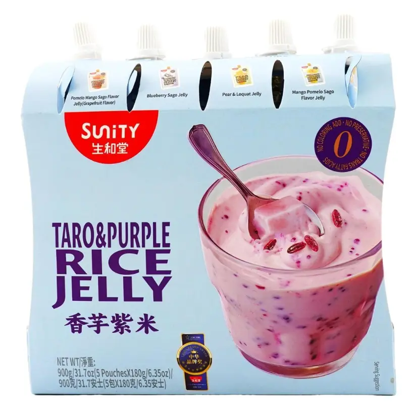 Sunity Taro & Purple Rice/Loquat Pear/Grape/Sour Plum/Bluberry Flavor Jelly Pouches – 5 Packs (6.35oz Each) | Chewy & Creamy Asian Dessert Drink, Sweet and Nourishing
