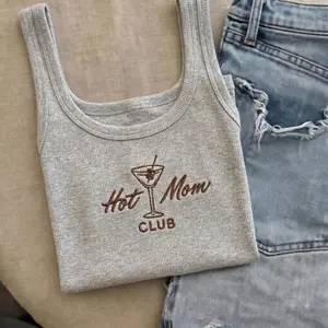 [Made in US] Embroidered Hot Mom Club Ribbed Tank Top, Pregnancy Announcement Tank, New Mom Martini Tee, Gift for New Mom