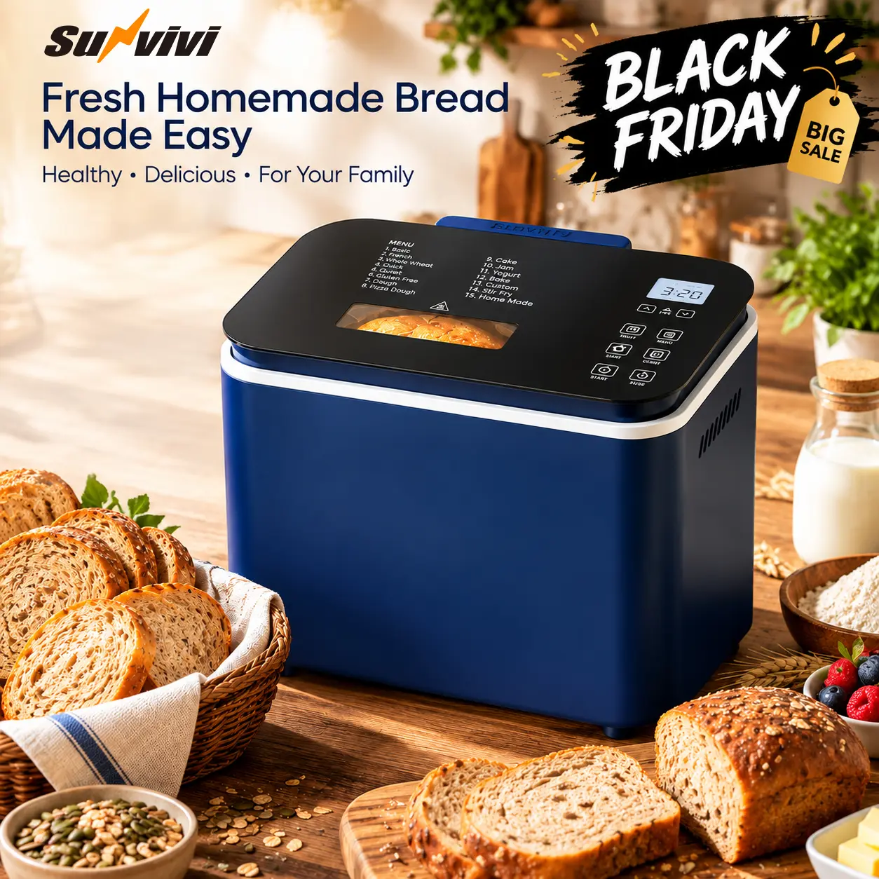 Sunvivi Automatic Bread Maker (600W, 13.74"L x 9.6"W x 11.4"H) - 2.2LB, 21-Program Baking, 3 Loaf Sizes, 3 Crust Colors, Digital Touch Panel, 15H Timer Wake, Keep Warm, Dough Kneading, Aluminum Stainless Steel, ETL Certified, Blue, 120V, 8.6 lbs