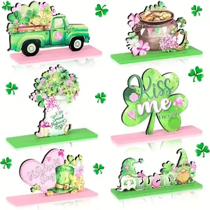 St Patrick's Day Table Decorations Set, 2D Flat 6-Piece Shamrock Centerpiece Sign, Dwarf Truck Wooden Sign, Party Decoration, Decorative Props