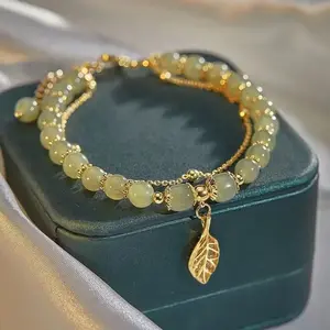 Chinese Style Green Jade Bracelet For Women Exquisite Leaves Wrist Strap Bangle Double Chain Bracelet Valentine’s Day Gifts
