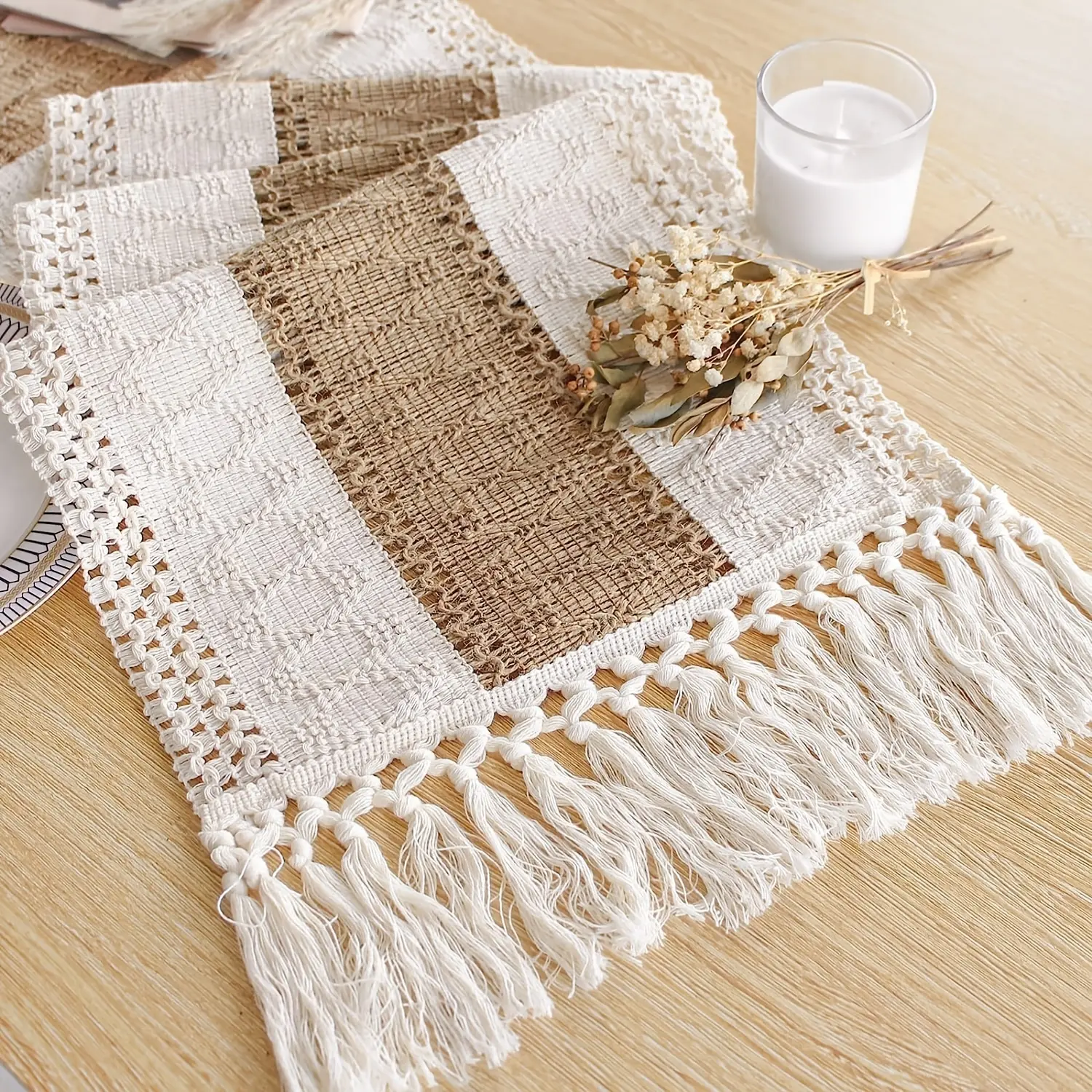 EVERBETTERUS Boho Tassel Table Runner, 12x75 Inches Decorative Dining Table Decoration for Thanksgiving Fall Home Decor, Farmhouse Rustic Macrame Burlap Textile for Living Room
