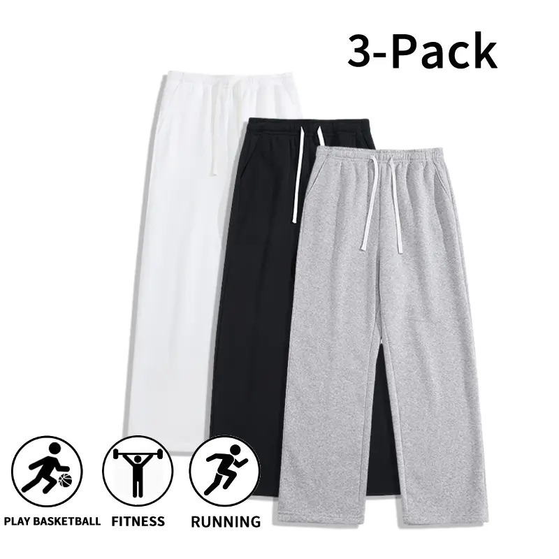 Men’s 3-Pack Baggy Loose Straight Leg Sweatpants - Elastic Waist Drawstring Athleisure Gym Clothes, Lounge Men's Pants for Fitness, Basketball, Everyday Outfits, Baggy Sweatpants Men's Pants