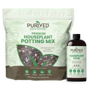 Purived Essential Plant Care Kit with Premium Houseplant Potting Mix 4 Quarts & 1 Bottle of Purived Houseplant Food