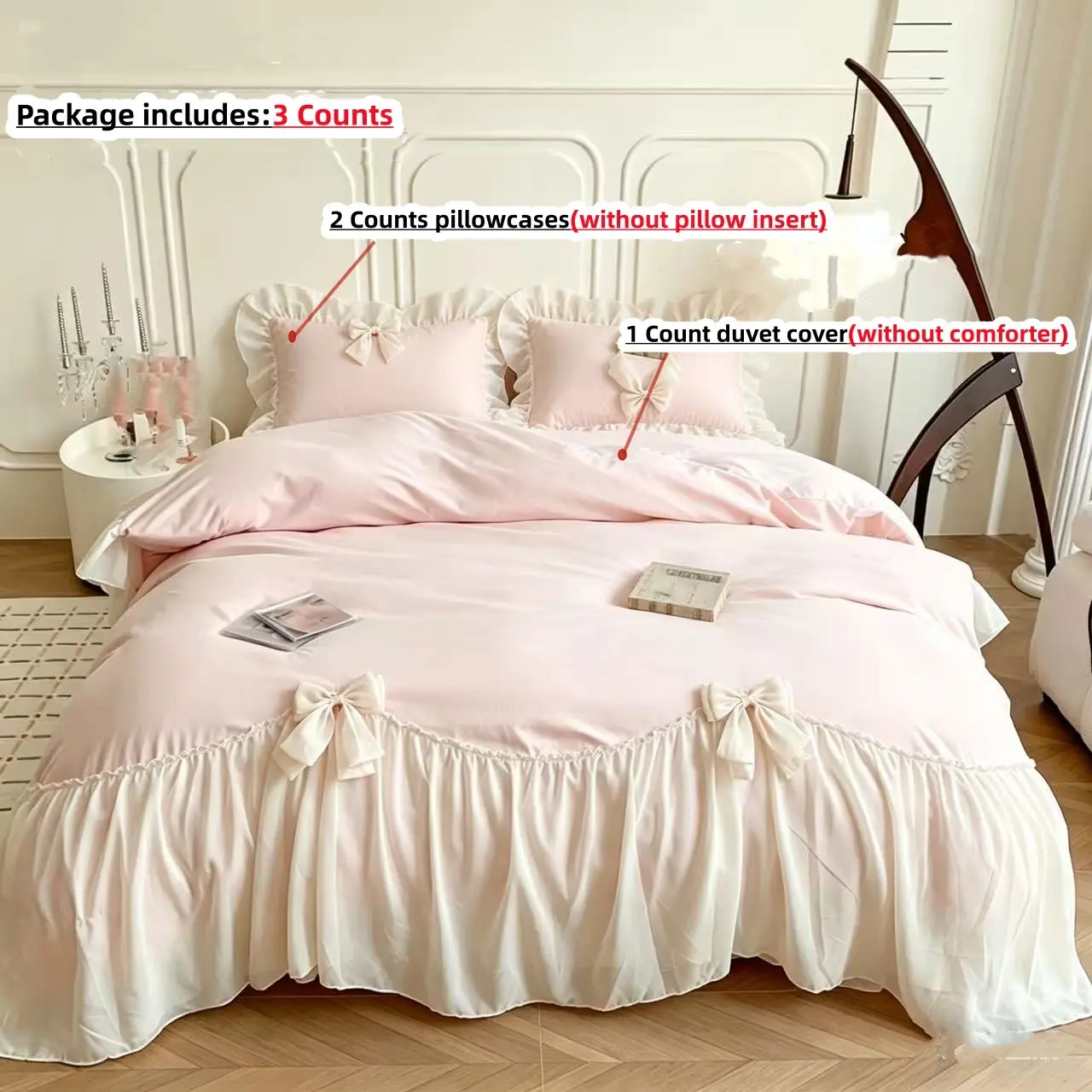 3pcs Princess Style Lace Decorative Bedding Set with Bow Decor, Quilt Cover and Pillowcase, Elegant Bedroom Accessories, No Core Included, Complete Bedding Sets