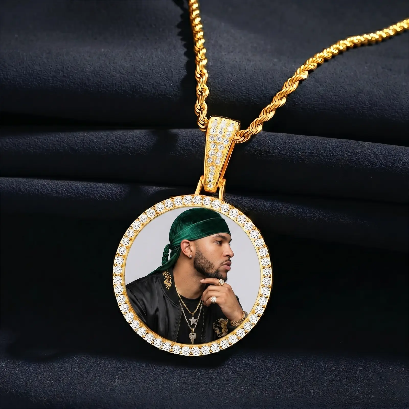 Unisex Picture Pendant Necklace, Exclusive customization Personalized Photo Necklace for Men, 14k Gold Plated 3mm Rope Chain with 18-24 Inches, Memory Gift