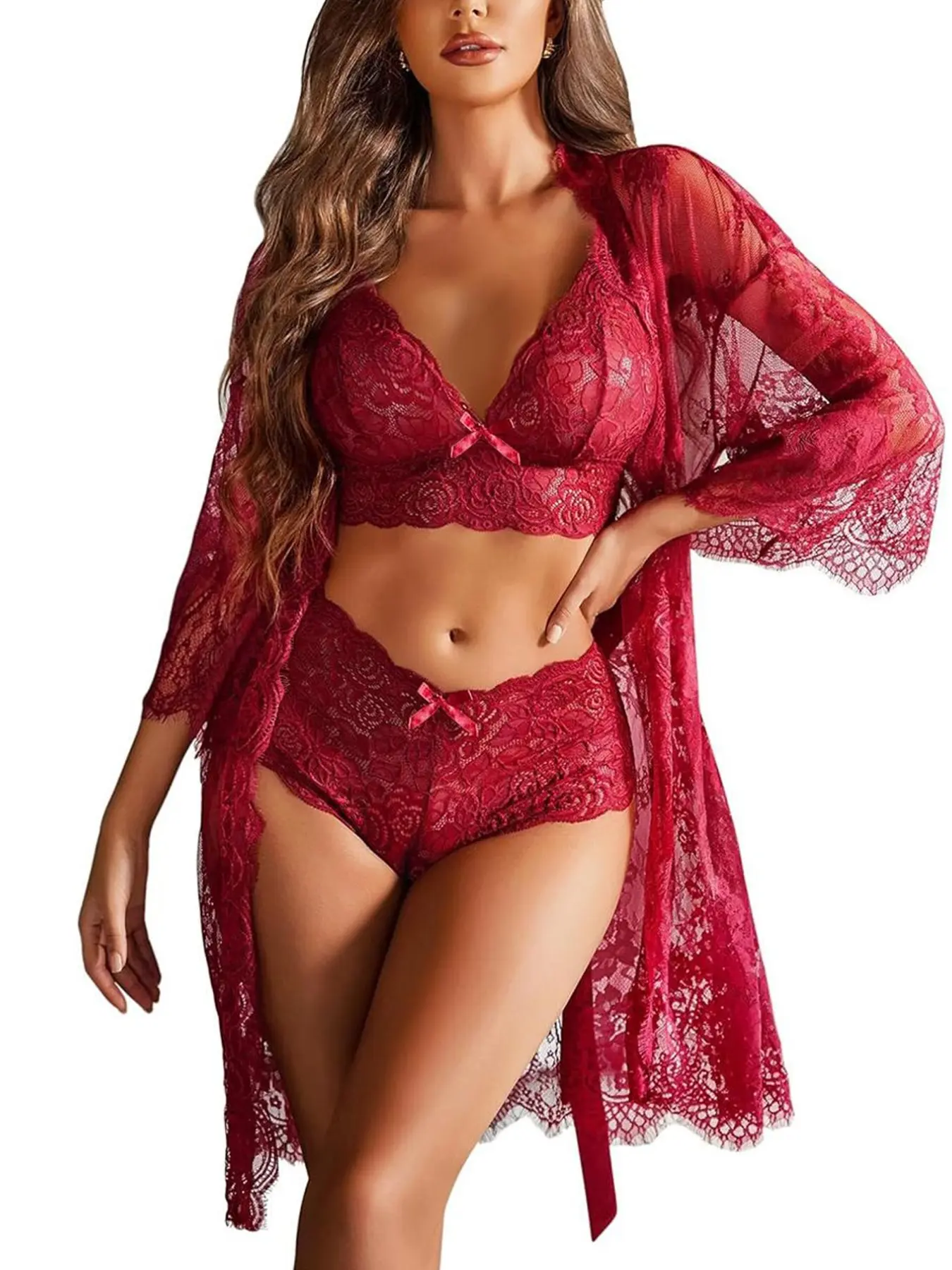 Women's Sheer Lace Underwear Pajama Set, Romantic Adjustable Straps Fitted Lingerie Top & Bow Decor Panty & Belted Lounge Robe, Women's Sleepwear Loungewear for All Seasons, Womenswear