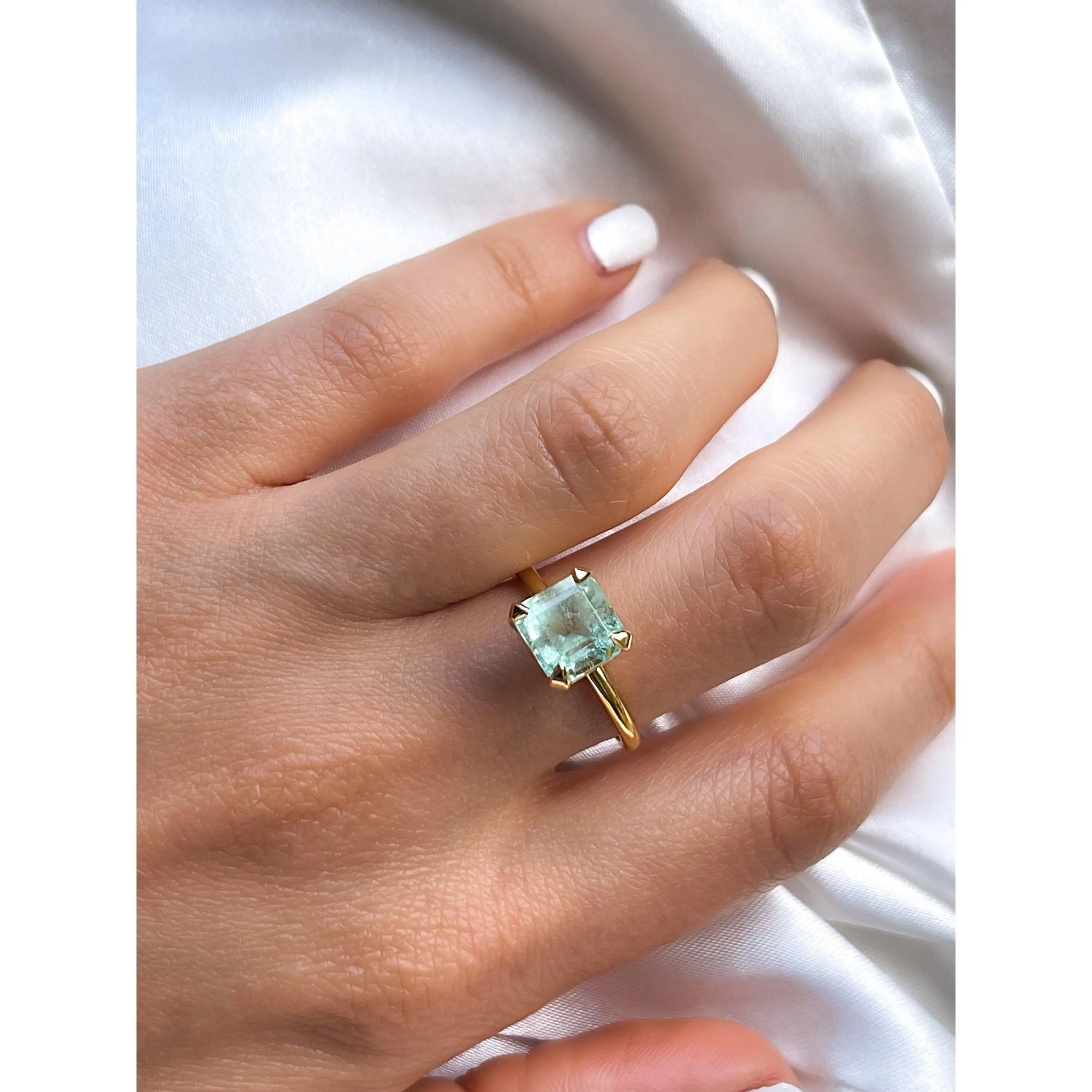 Natural Colombian Emerald Cut Green Beryl Solitaire Ring in Solid Gold