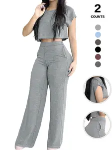 Sexy Crop Top & High Waist Wide Leg Pants Set, Short Sleeve Slim Fit, Summer Y2K Streetwear, Lengthen Legs, Casual Fitted Design, Womenswear