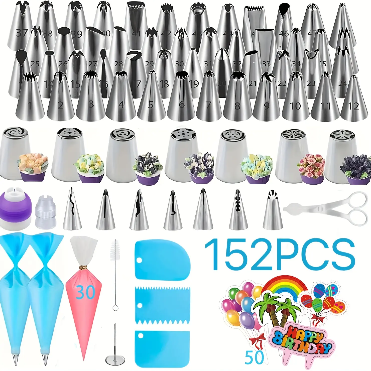 152-piece professional cake decorating tool set, including piping tips, Russian flower tip, piping bag, spatula, and cake topper baking set