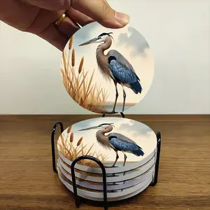 6-piece ceramic coaster set, featuring a vintage illustration of elegant blue herons in wetlands. Heat-resistant, non-slip coasters with holders, perfect for home, dining, and as beverage mats.