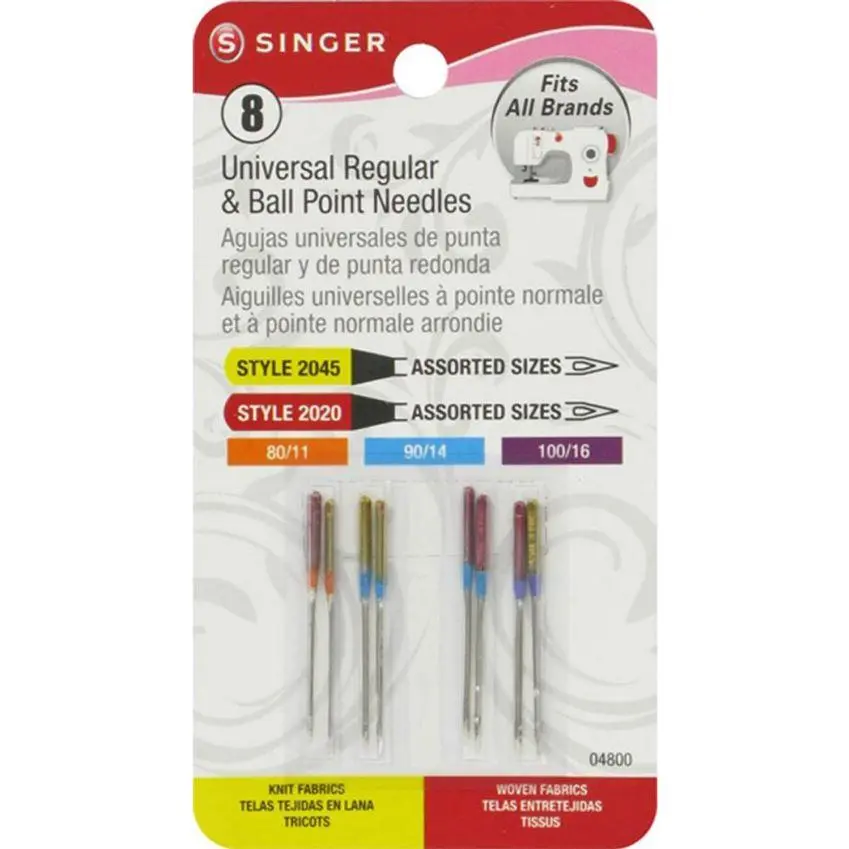 Singer 8pk Universal Assorted Sizes Styles 2020/2045 Regular/Ball Point Sewing Machine Needles 4800