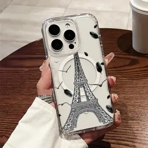 A Durable Hard Case Featuring a Hand-Drawn Eiffel Tower Design, Designed to Be Shockproof And Transparent, with a Magnetic Ring That Allows for Wireless Charging, Compatible with for iPhone 17 E Air Pro ProMax iPhone16 15 14 Plus 13 12 11 X XS XR