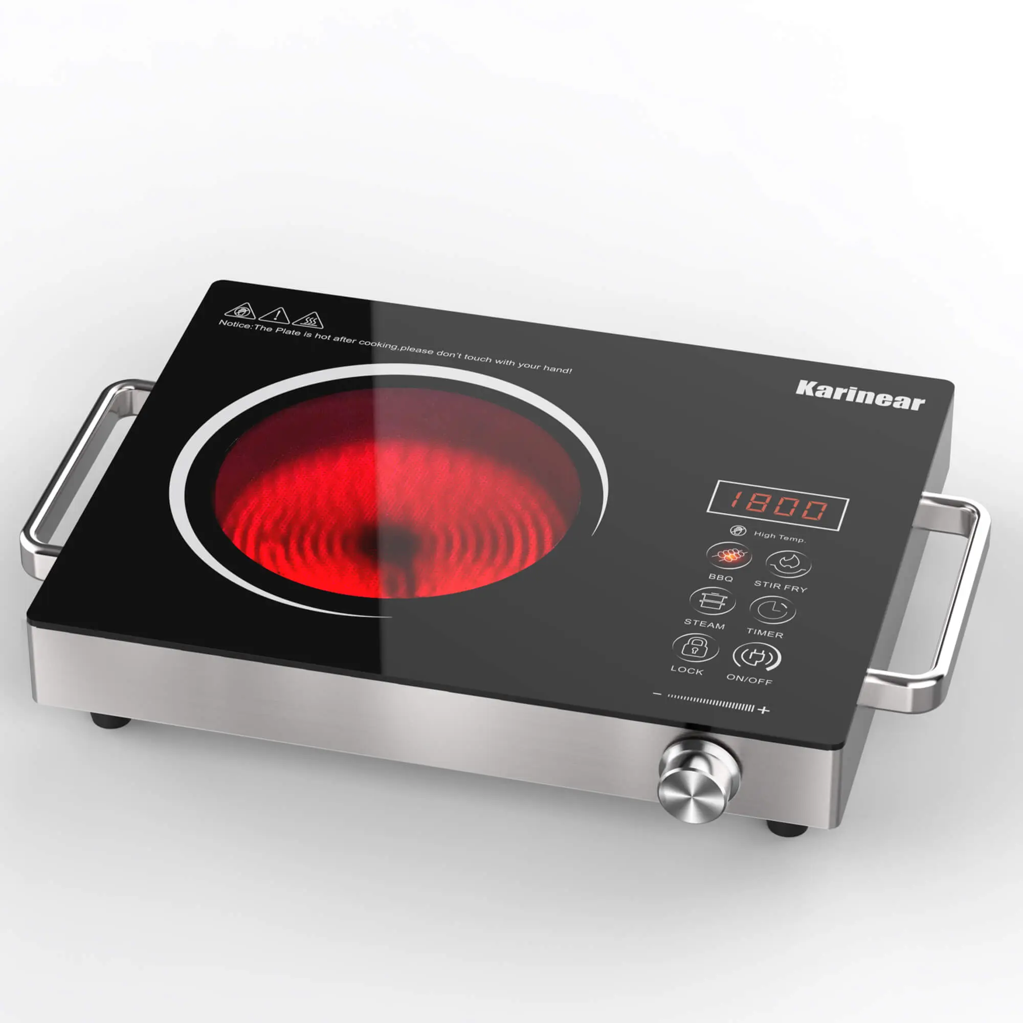 Karinear 1800W Portable Electric Infrared Single Burner Induction Stove - 4-in-1 Versatile Cooking Functions, 9 Power Levels, Fast Cook, Timer, Child Safety Lock, Handle, Household Kitchen Appliance