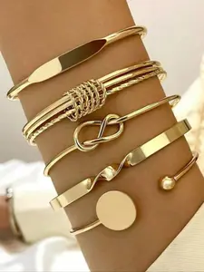 5-piece/set retro wide mouth bracelet set, gold design bracelet combination, minimalist gold bracelet set, preferred for daily wear and gift giving, Stackable Bracelet, Fashionable Bangle, Elegant Bangle