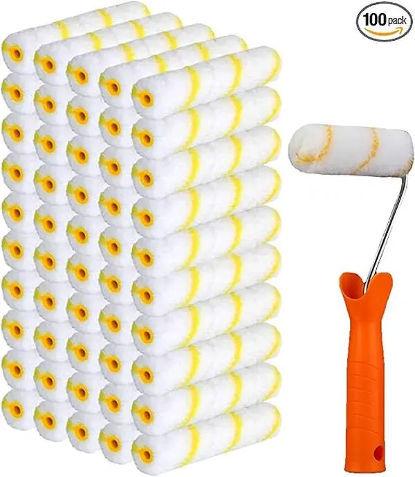100 Pieces 4 Inch Paint Roller Covers Small Roller Nap with Roller Frame Kit Mini Paint Rollers for House Painting Wall Painting Tools