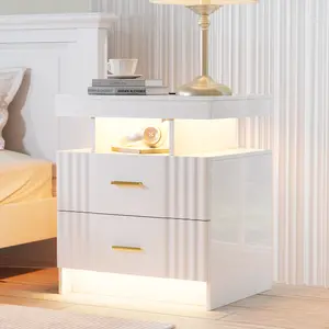 FREDEES Nightstand with Charging Station, White LED Night Stand with 2 Drawers, High Gloss Bedside Table with Auto Sensor 24-Color Lights/Wireless/Type-C/USB Charging for Bedroom