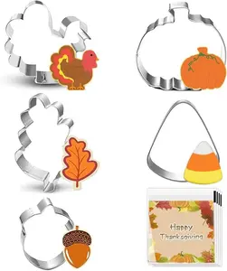 Fall Thanksgiving Feast Cookie Cutters - 5 pieces Large Cookie Cutters Shape - Turkeys, Oak Leaf, Pumpkin, Acorn, Candy Corn for Christmas Food Party Decorations
