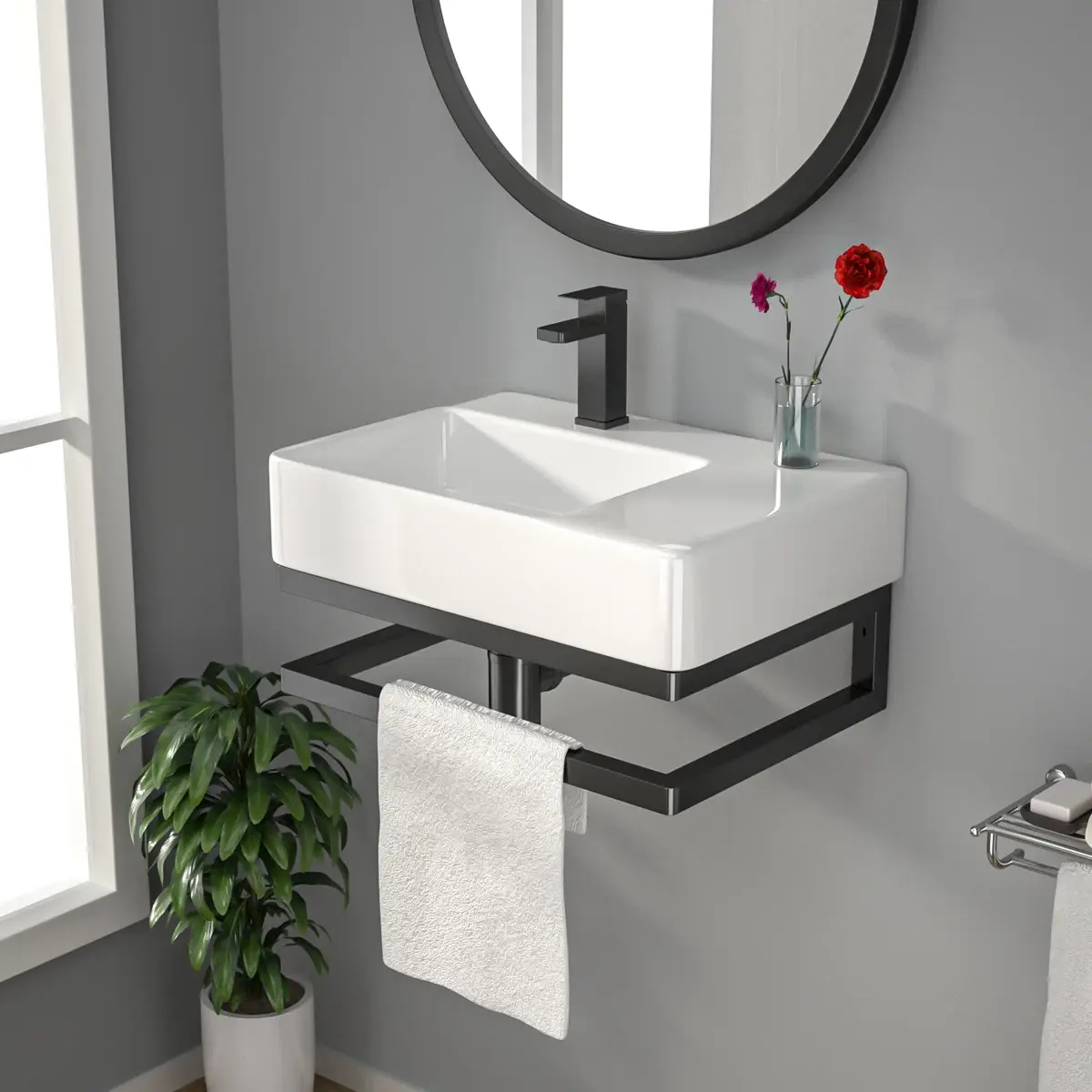 Kichae 23"×16" Wall-Mounted Stain-Resist White Rectangular Ceramic Bathroom Sink, Black Metal Towel Rack, Single-Hole Faucet Compatible, Modern Floating Lavatory for Guest Rooms, Powder Room Renovations (Indoor Use)