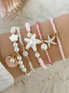 Handmade Rice Bead Bohemian Style Bracelet Set, 5-Pack Series Faux Imitation Pearl & Shell Starfish Pendant, Perfect Gift for Festivals