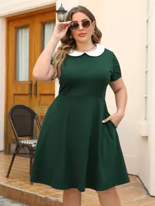 Plus Size Plain Pocket Collared A Line Dress, Elegant Casual Short Sleeve Dress for Party Dating Daily Wear, Women's Plus Clothing for Summer， Dress for Dating， Plus Size Dress, Fit