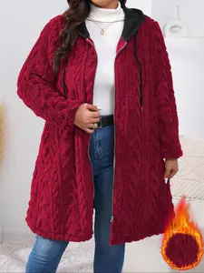 Plus Size Plush Hooded Jacket, Flax Texture, Loose Fit, Warm and Cozy, Casual Fall & Winter Outerwear, Soft and Cute Style