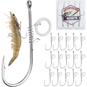 Live Shrimp Hook Set with Spring Lock – Barbed Carbon Steel Fishing Hooks for Shrimp Lure Bait, Freshwater & Saltwater Hooks for Bass Carp Catfish, 15PCS or 30PCS
