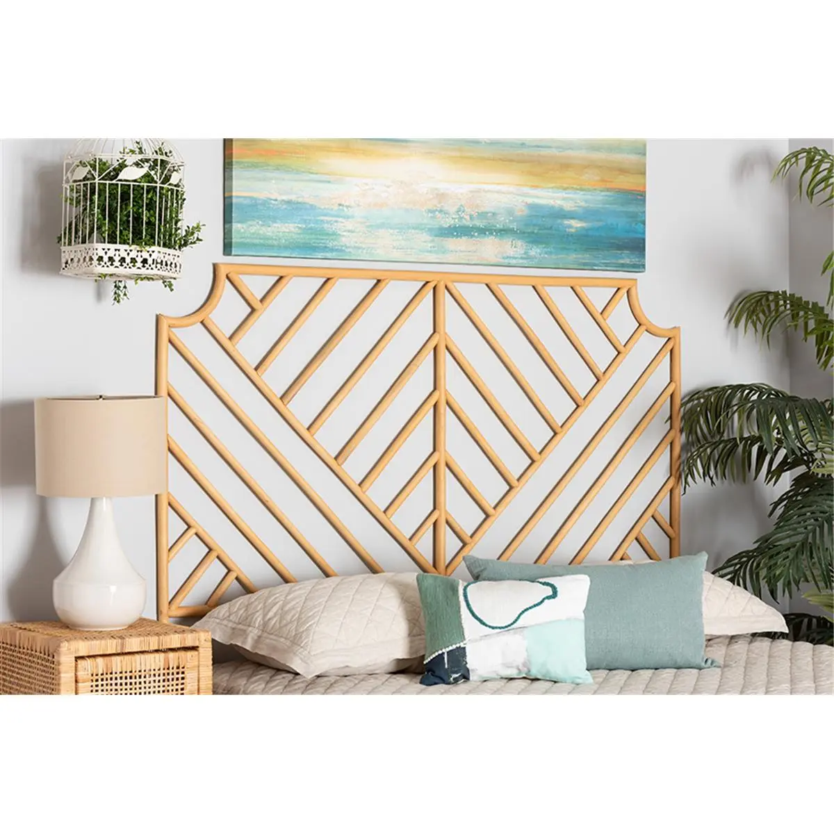 212 MAIN Modern Bohemian Rattan Wall Mount Headboard - Queen-Size, Natural Brown, 63.8x34.3x2 in., Baxton Studio Giza Rattan Bed Frame for Modern Bedroom Indoor Furniture
