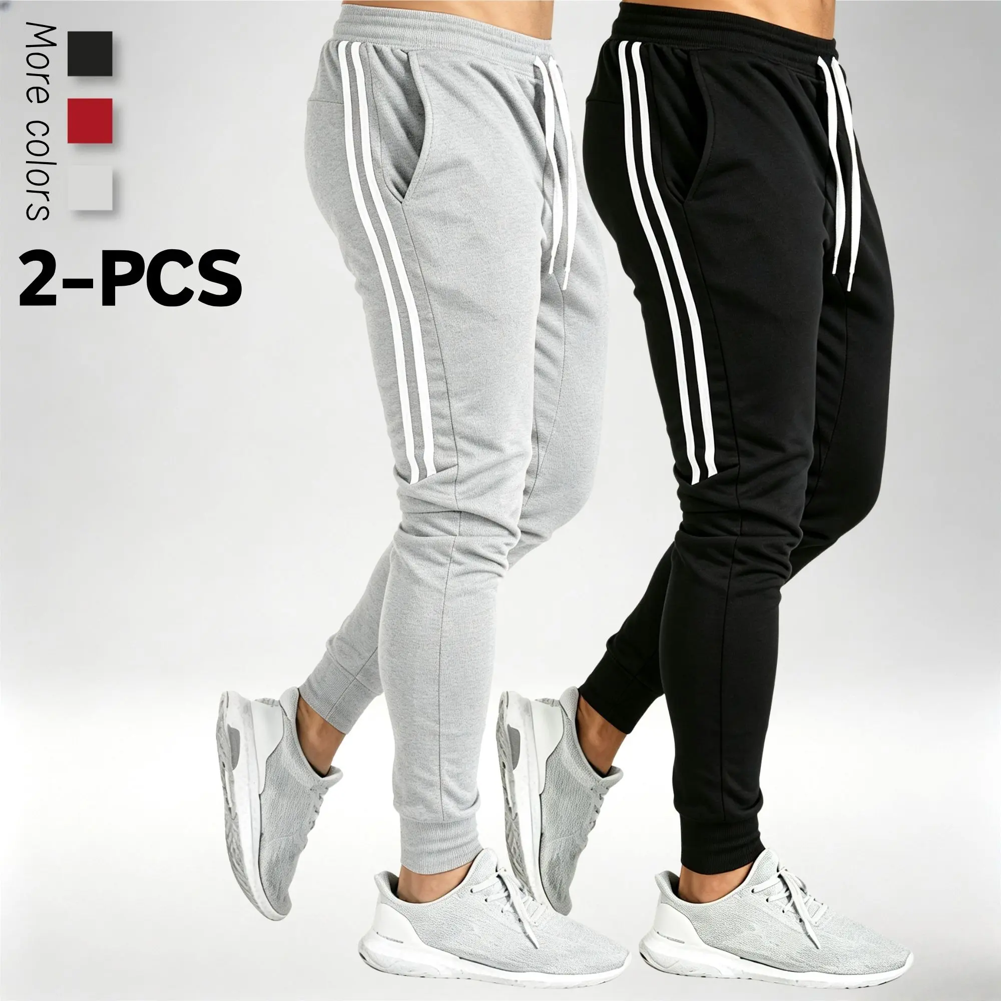 Men's 2-Pack Jogger Sweatpants - Side Double Stripes, Elastic Waistband with Drawstring, Pockets - Casual Athletic Long Pants for Workouts, Versatile Easy-to-Match Menswear Bottoms