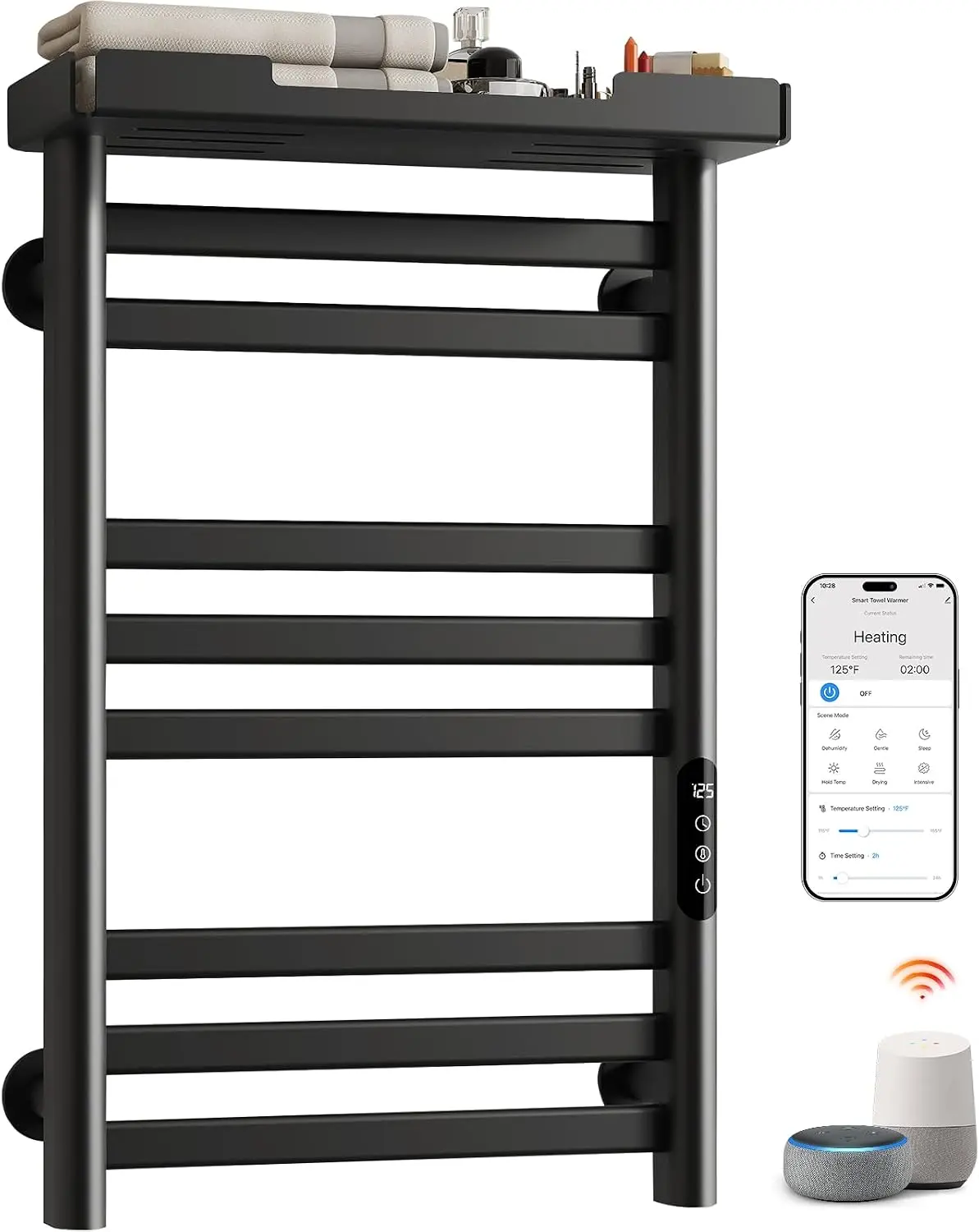 Smart Heated Towel Rack with Shelf, 8-Bar Wall-Mounted, Black | Electric Towel Warmer for Bathroom, Wi-Fi App Control, Adjustable Temperature, 1-24H Timer, 160W, IPX5, Plug-In or Hardwired