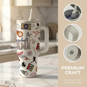 mikenda 40oz Baseball Mama Tumbler with Handle & Straw, Stainless Steel Insulated Drinkware Cup for Sports Mom, Mother's Day Birthday Gift.