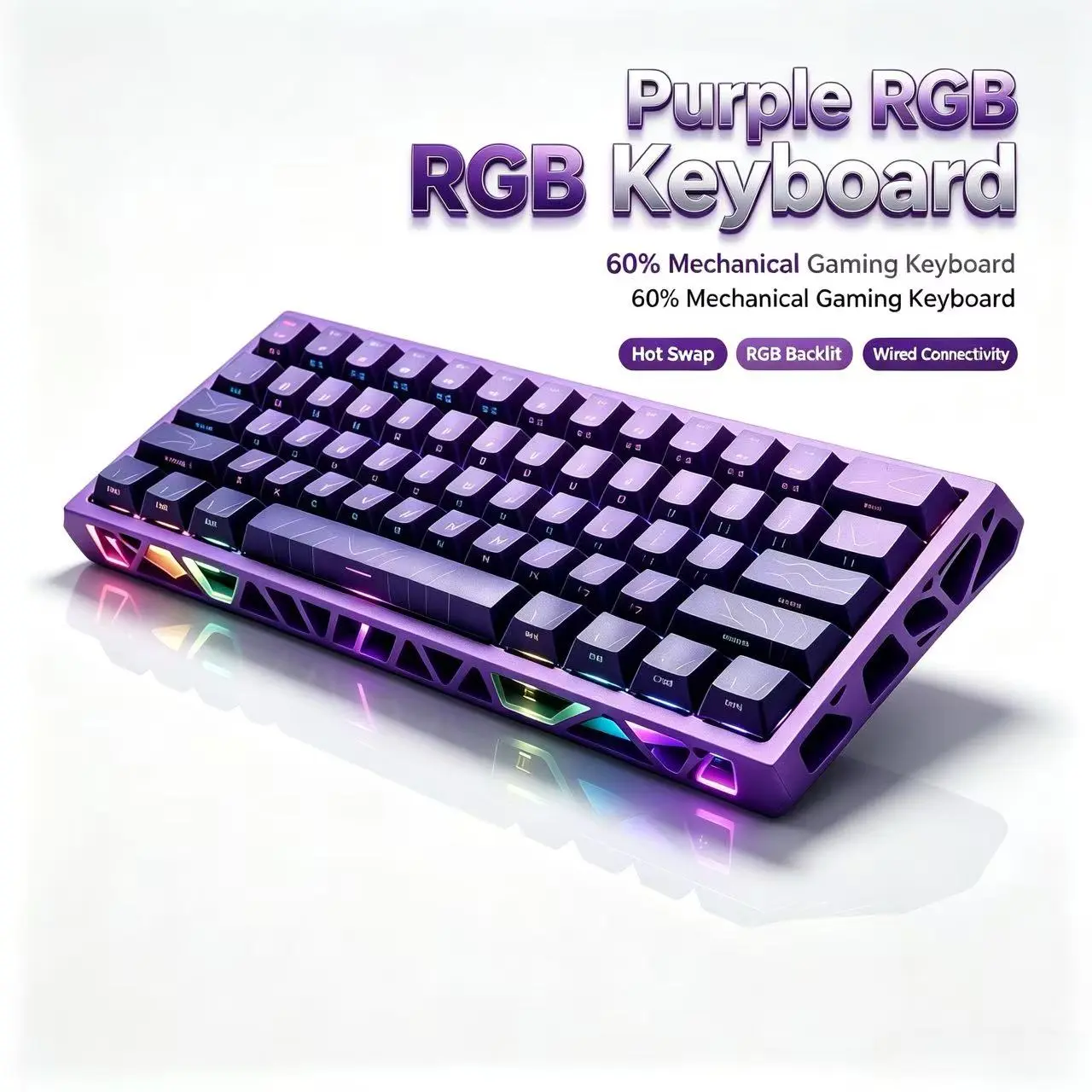 Purple 60% Wired Mechanical Gaming Keyboard, Hollow Side Lighting, Full Key Hot Swappable 3/5 Pin MX Switches, Cherry Profile Oil-Resistant PBT Caps, Satellite Stabilizers, 17 Adjustable RGB Modes, Hidden Ribbon Opening Mini Keyboard, Led Lights