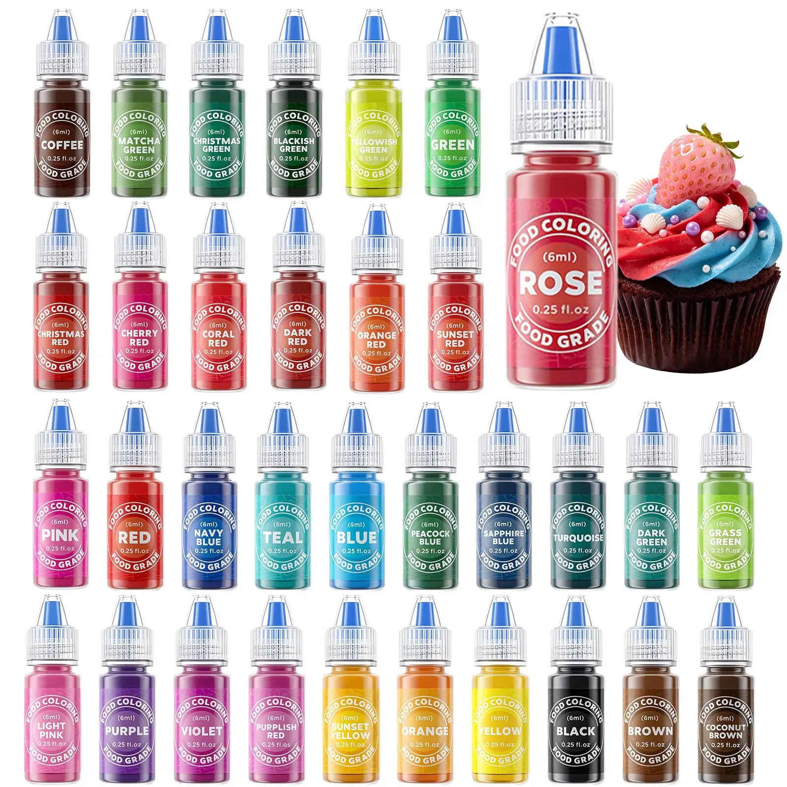 33-Pack Water-Based Edible Liquid Food Coloring Set - 0.25 fl oz Compact Bottle, Food Grade Dye, Vegan Sugar Free Vibrant Pigment for Baking, Pastry, Cupboard Storage, Jet Black Included Holiday DIY Projects, Snacks
