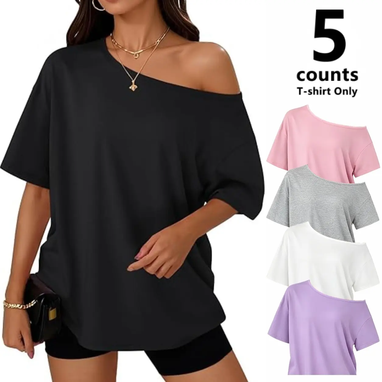 【Limited Time Deal】Women's Solid Color Oversized Off-Shoulder Tshirt - Loose Fit Short Sleeve Women's T Shirt, Casual Basic Women's Clothes Top for Daily Wear (2026)