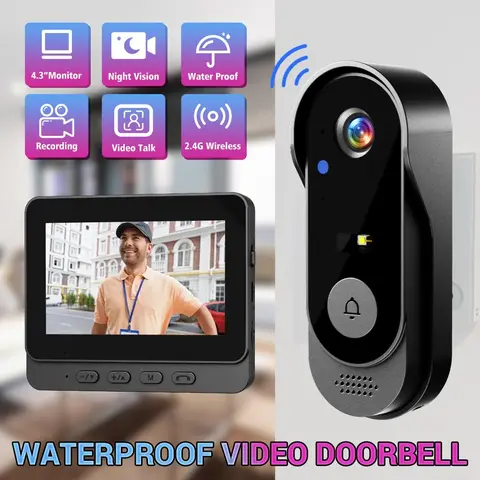 【Toolupgrade】1080P Door View Wireless Doorbell Camera with Monitor Screen, 1000mAh Battery, Bluetooth, SD Card Free Storage, No WiFi/APP/Subscription, Waterproof, 2-Way Audio Video Intercom, 170° View Angle, Night Vision, Ideal Home Security Gift