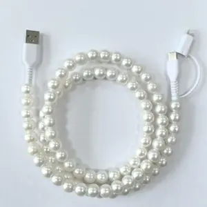 Pearl Decorated Charging Cable, Compatible with USB-C and Lightning Devices, 3.3 Ft Dual Data Cable, Quick Charge, Multiple Colors, Holiday Gift
