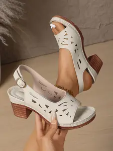 4-color summer women's high-heeled sandals with hollowed out design, single button closure, lightweight and comfortable, suitable for daily wear