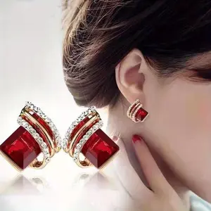 Women's Elegant Red & Clear -Adorned Square Bezel Stud Earrings - Luxury Large Statement Jewelry, Dainty Casual Attire, Versatile for Casual & Formal Events, Comfortable Secure Fit, Year-Round Accessory (No Plating, Durable Design)