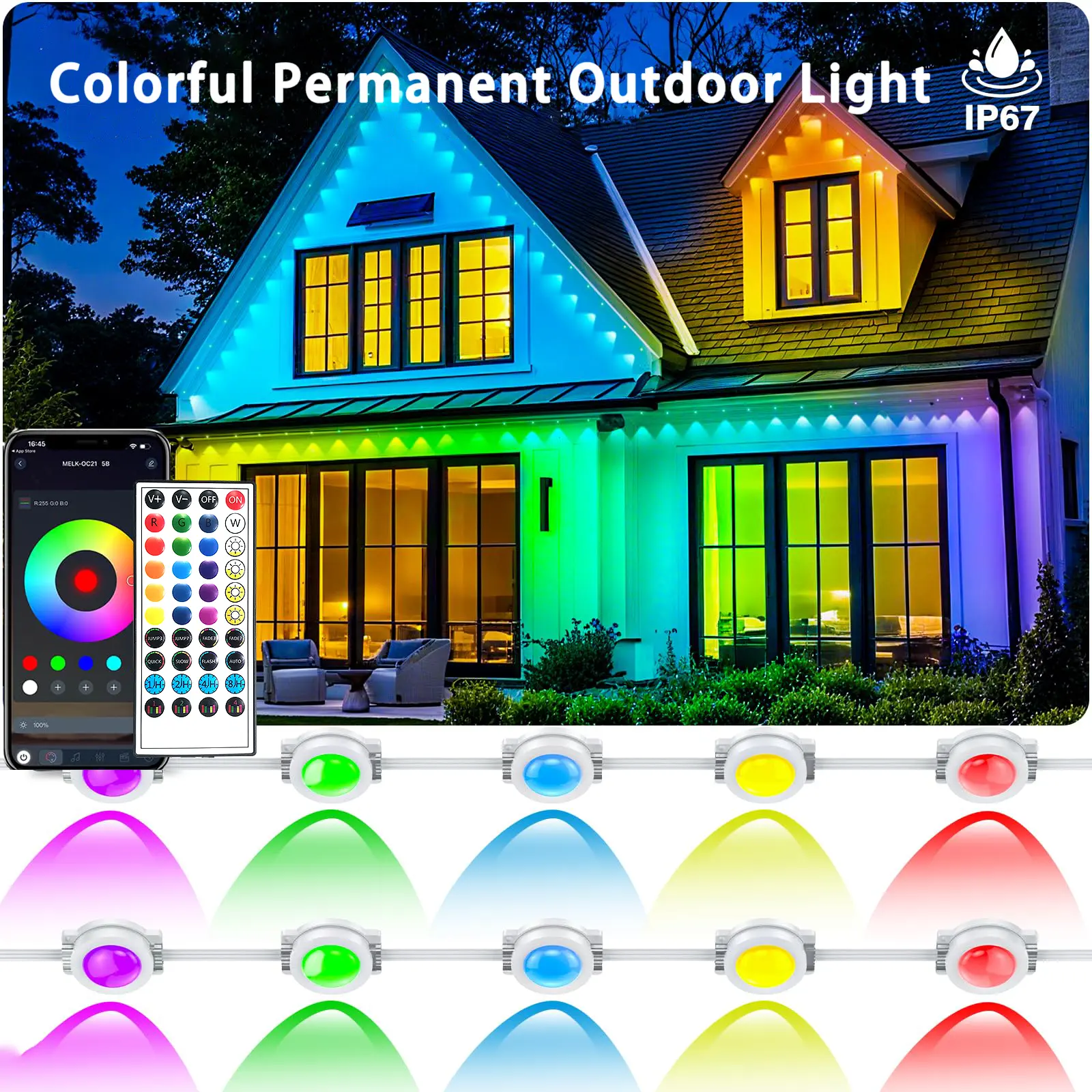 LED Permanent Outdoor Lights – RGB Eaves Lights with App & Remote Control, IP67 Waterproof String Lights for Garden, Deck & Holiday Decor Bright Adjustable Leds Led Rechargeable