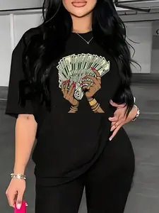 Plus Size, Women's T- Shirt with A Bold "Just Gimme My Money" Print.Perfect for Summer, Adding A Sassy Touch to Both Vacation And Daily Looks.