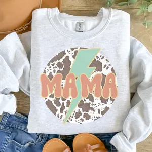 Mama Cow Print Lightening Bolt Sweatshirt - Ash Grey - Sublimation - Unisex Sizing