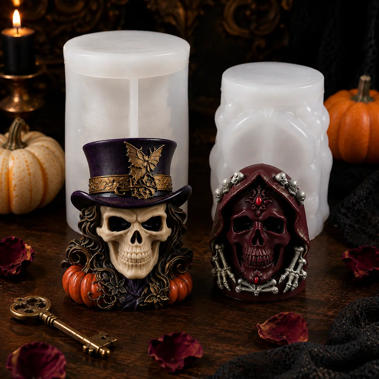2Pcs Halloween Gothic Skull Silicone Mold Set - Top Hat Bat Pumpkin & Hooded Skeleton for DIY Candle Making Supply, Epoxy Resin Casting, Soap Plaster Craft