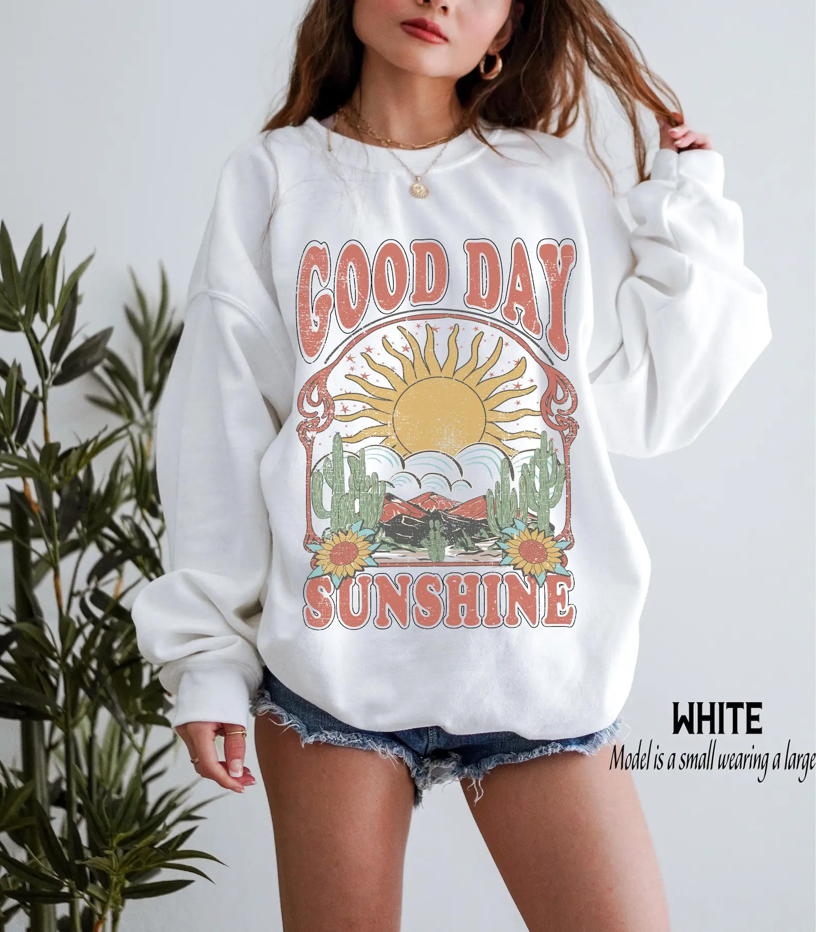 [Sale off up to 50%] Good Day Sunshine Sweatshirt, Boho Retro Celestial Sun 70s Style Hippie Crewneck Sweater, Cozy Outdoors Nature Lover Gifts for Her
