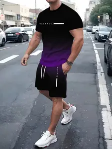 Men's Gradient Fitness Short Sleeve Set, Summer Trendy Sportswear Casual Two-Piece, Fitted Tee and Shorts, Regular Length, Workout Sets