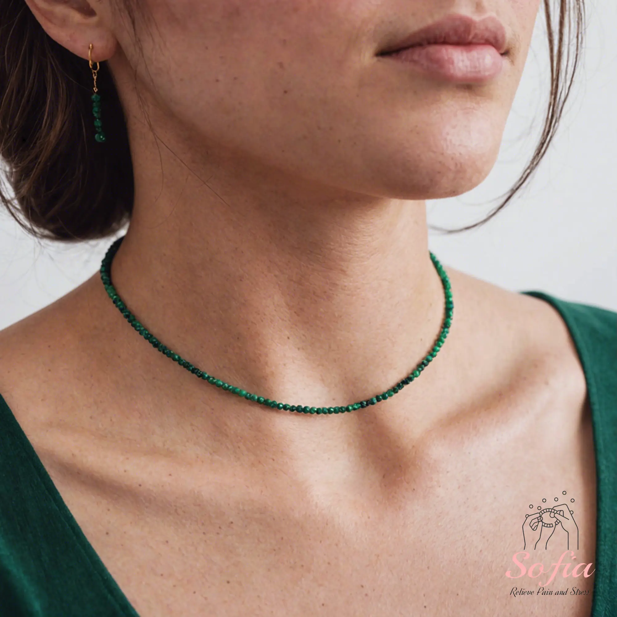 Delicate Malachite Beads Choker Necklace, Tiny Dainty Faceted Gemstone Beaded Necklace, Waterproof Crystal Beaded Choker, Dainty Minimalist Style for Women Handmade Adjustable, gift for her